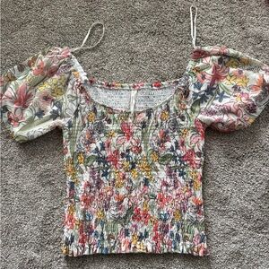 Anthropologie Smocked Puff Sleeve Blouse in Pink and Green